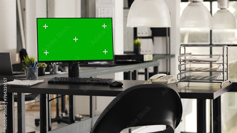 Poster greenscreen display placed on office desk used for business operations in startup space, empty works