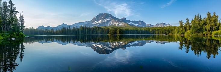 Mountain in morning light reflected in calm waters of lake. Nature landscape panorama on a sunny day.