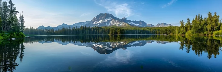 Wall murals Reflection Mountain in morning light reflected in calm waters of lake. Nature landscape panorama on a sunny day.
