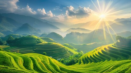 breathtaking natural green field of Mu Cang Chai terrace rice field at Vietnam.