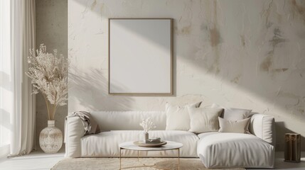 minimal neutral beige interior with frame mockup on wall