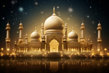 Illuminated mosque with decorative lights for Mawlid background