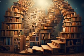Illustration of a bookshelf transforming into a staircase, symbolizing the ascent of knowledge - obrazy, fototapety, plakaty