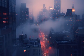Mystical cityscape enveloped in dawn mist, with glowing traffic veins

