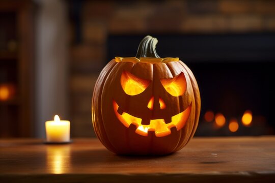 Jack-o'-lantern with a flickering candle inside. Halloween theme background