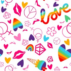 Abstract girl pride doodle seamless lgbtq rainbow pattern for fabrics and linens and summer party accessories