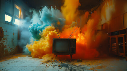 old tv in a room explodes with colourful smoke, news concept. - obrazy, fototapety, plakaty