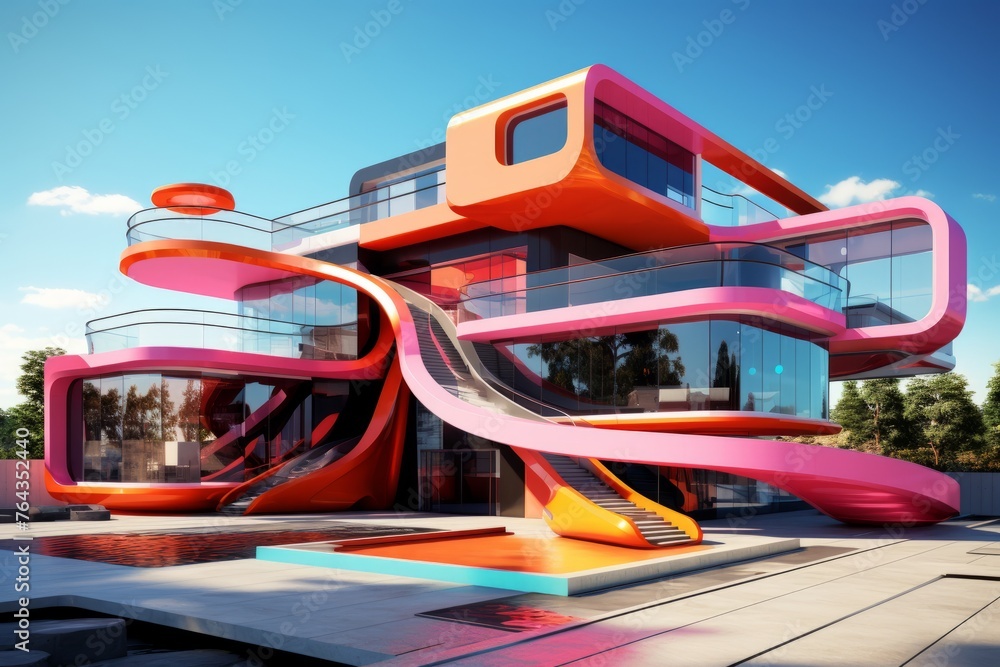 Poster stunning futuristic building with a mesmerizing spiral staircase and an inviting pool
