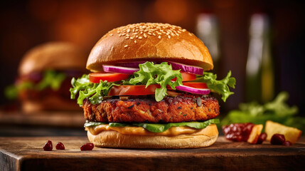 Close up of vegan burger on a wooden board - Powered by Adobe