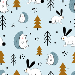 Seamless pattern with hedgehogs and bunnies in the forest
