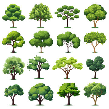Clipart illustration, set of green trees on white background. Suitable for crafting and digital design projects.[A-0003]