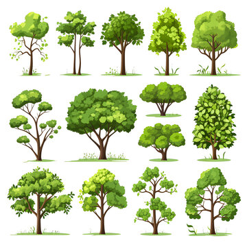 Clipart illustration, set of green trees on white background. Suitable for crafting and digital design projects.[A-0001]