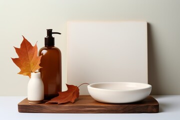 Fototapeta na wymiar Natural skincare mockup with fall leaves, organic products, and a wooden tray