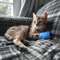 Cat with tree bandage on her leg lies on couch

