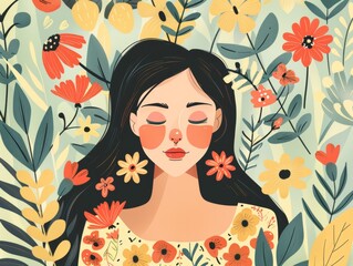 Woman with flowers. Concept of mothers day illustration.