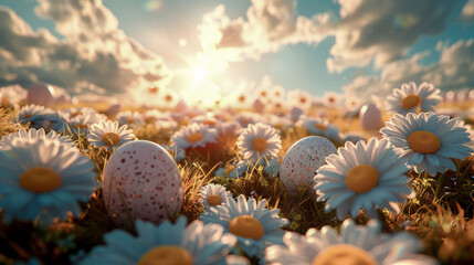 Easter eggs scattered in landscape