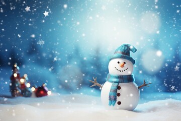 Playful snowflakes and a cheerful snowman on a snowy background