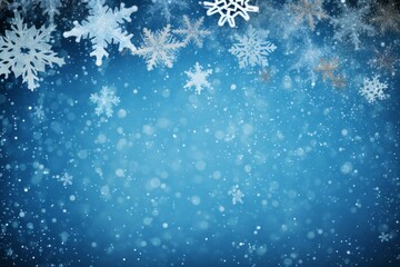 Fototapeta premium Playful snowman and snowflakes on a wintry blue background.