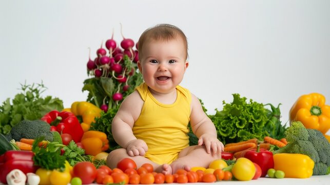 A baby girl in a yellow bodysuit is pictured smiling against a white background with vegetables,