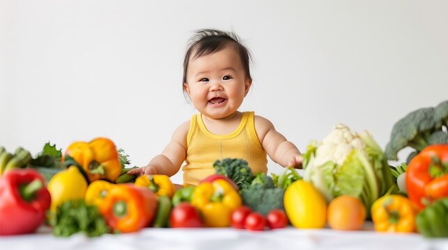 A baby girl in a yellow bodysuit is pictured smiling against a white background with vegetables,