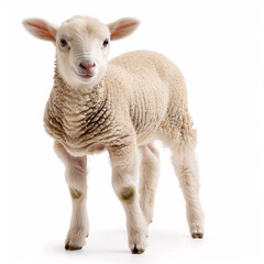 Fototapeta premium young lamb, standing with an endearing expression, looking directly at the viewer isolated on white background