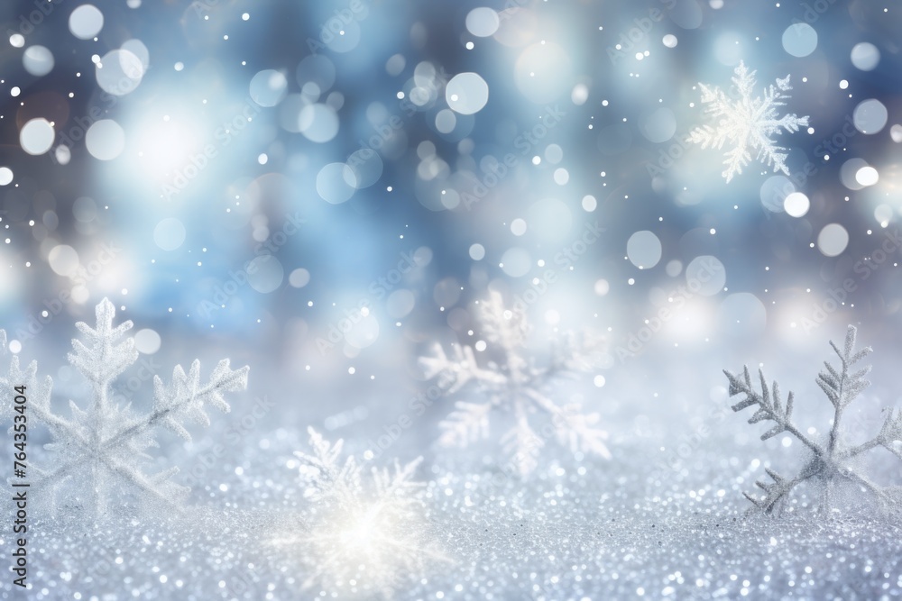 Poster sparkling silver snowflakes on a background of shimmering lights, creating a dazzling and enchanting