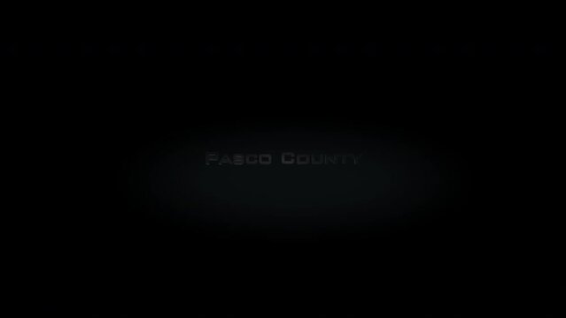 Pasco County 3D title metal text on black alpha channel background