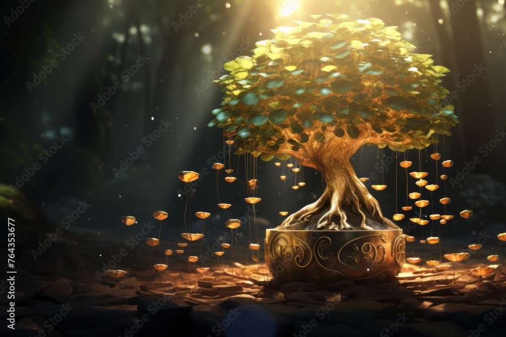 Poster tree with lots of leaves on it in the middle of a forest