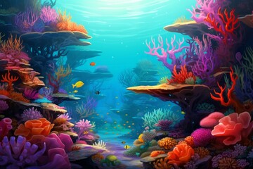 Obraz na płótnie Canvas Vibrant underwater coral reef scene forming a colorful and enchanting background