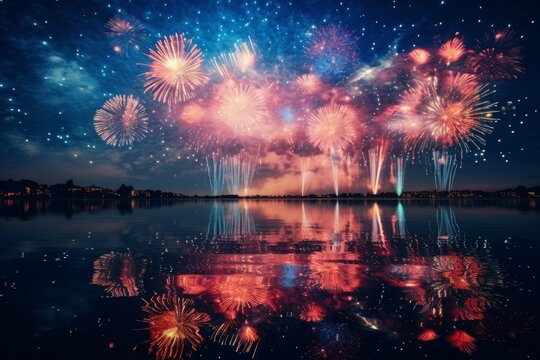 Vibrant photos capturing the reflection of fireworks on a calm water surface for New Year's Eve
