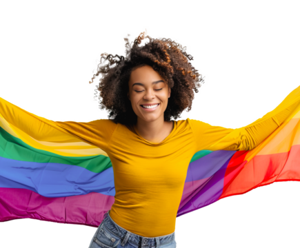 Cheerful African American woman wearing pride rainbow flag over isolated transparent background. LGBT community, pride month concept