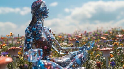 in a field full of mushrooms sits a woman in a transparent bubble with capsules floating in it