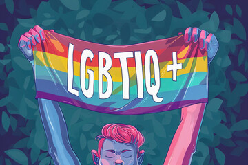 LGBTIQ+ flag cartoon illustration banner with person holding rainbow flag. Pride month concept
