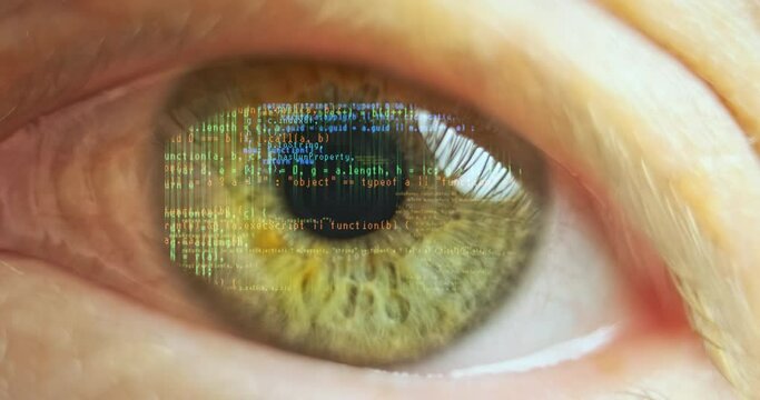 Reflection of lines of computer code in the human eye, close-up, macro. Concept of neural networks, biochips, programming, cyber man of the future.