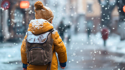 Rearview of the toddler boy walking from school to home in winter during the snowfall outdoors.  Little male preschool child or kid on the street, wearing jacket, gloves, cap, and backpack, copy space