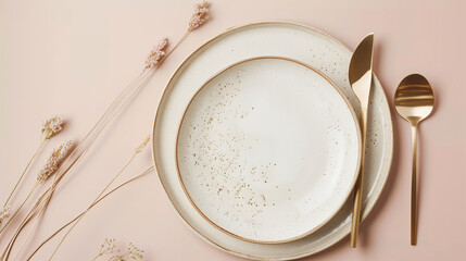 A tasteful beige empty porcelain plate with gold cutlery on a soft pastel pink background, adorned with delicate dried flowers.