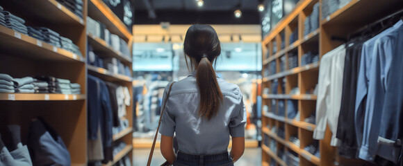 Fototapeta premium Rearview of the young woman in apparel clothing store or fashion boutique looking at jeans and shirts. Retail wardrobe accessories, garment department, consumerism purchase buy concept, copy space