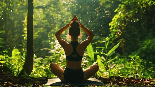 A woman is sitting in a forest, meditating and holding her hands together. The scene is peaceful and serene, with the woman in the center of the image and the surrounding trees