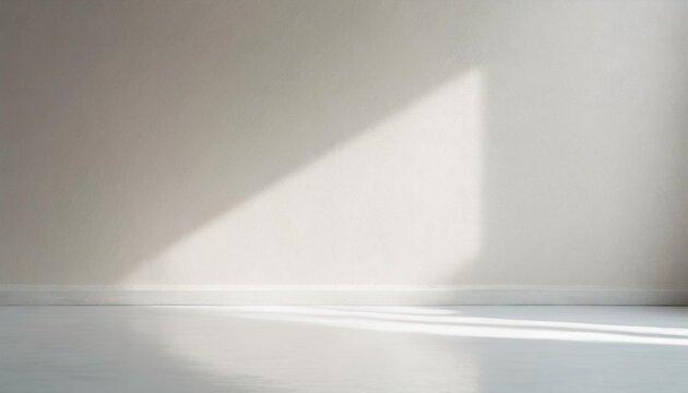 Minimalistic abstract light grey wall background for product presentation with sunlight shadow.