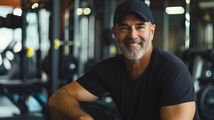 Fototapeta premium A handsome middle aged man with beard in his 50s wearing a black t shirt and cap sitting in a modern gym interior smiling at the camera. Healthy fitness workout and training lifestyle, copy space