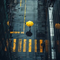 Take an overhead shot, below the tall building, on the rainy street. A man is holding a yellow umbrella, and the umbrella is running across the street. The raindrops fall down near a large surface