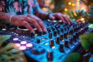 Close-up view of a DJ's hands adjusting knobs on a colorful DJ mixer surrounded by tropical foliage and bokeh lights