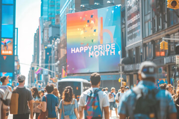 Happy Pride month billboard on big corner of the city on a sunny afternoon