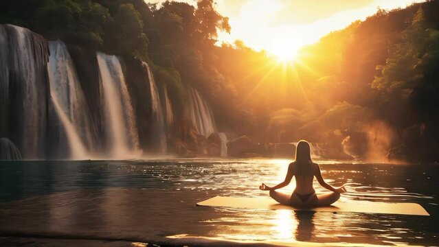 A woman is sitting in a yoga pose on a mat in front of a waterfall. The sun is shining brightly, creating a peaceful and serene atmosphere
