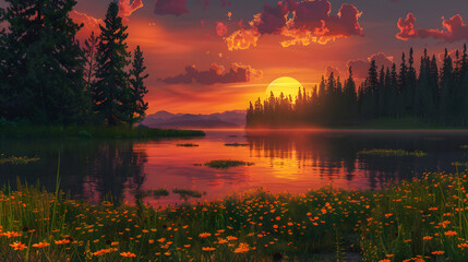 The Tranquility of a Lakeside Sunset: An Exquisite Display of Uninterrupted Nature - obrazy, fototapety, plakaty