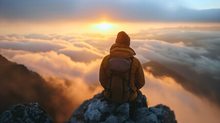 Rearview of a man wearing a backpack, sitting on a rocky mountain top peak cliff edge rock watching horizon sunset or sunrise over clouds. Extreme nature adventure,hiking activity,journey success - Powered by Adobe