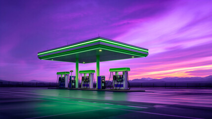 Empty gray and green neon glowing petroleum gas station building at night or in evening with purple pink and orange sunset twilight dusk sky. Transportation gasoline pump for fuel, travel business
