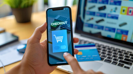 Man holding a phone, pressing the checkout button on the display screen with cart icon for online shopping concept. Credit card on laptop keyboard on table. Internet purchase buy customer order pay