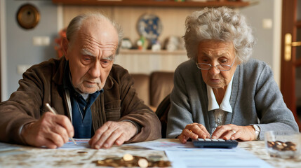 Old man and woman typing on a calculator. Senior couple sitting in house or home living room table, calculating the domestic home finances and budget, coins on the desk, financial expenses tax bills