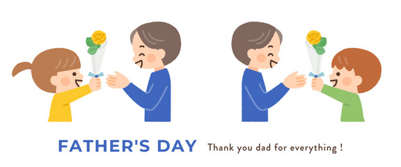 父の日に黄色いバラの花をプレゼントする子供のイラスト素材